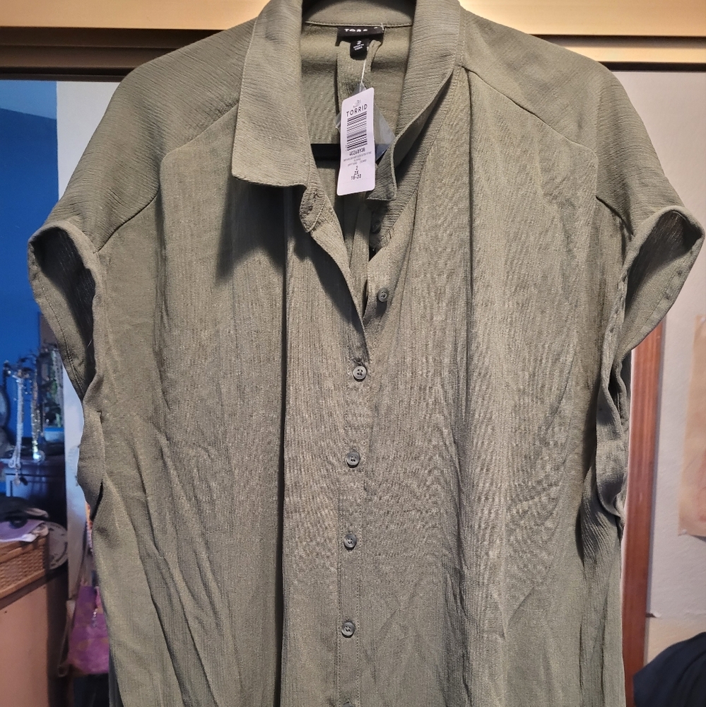 Womens Olive Green Button Gauze Shirt Dresd